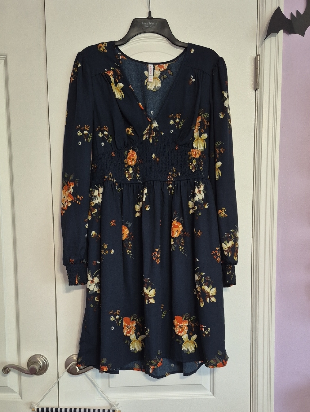 XHILARATION Navy Floral Long-Sleeve Smocked Waist Dress